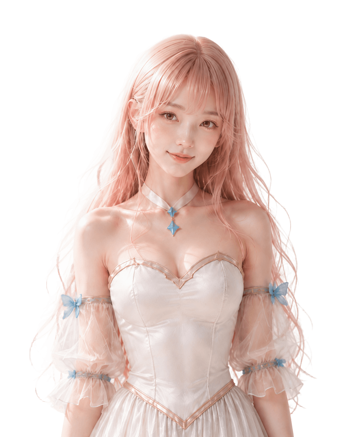 Noype — long pastel pink hair, white dress with gold trim, sheer sleeves and blue butterflies