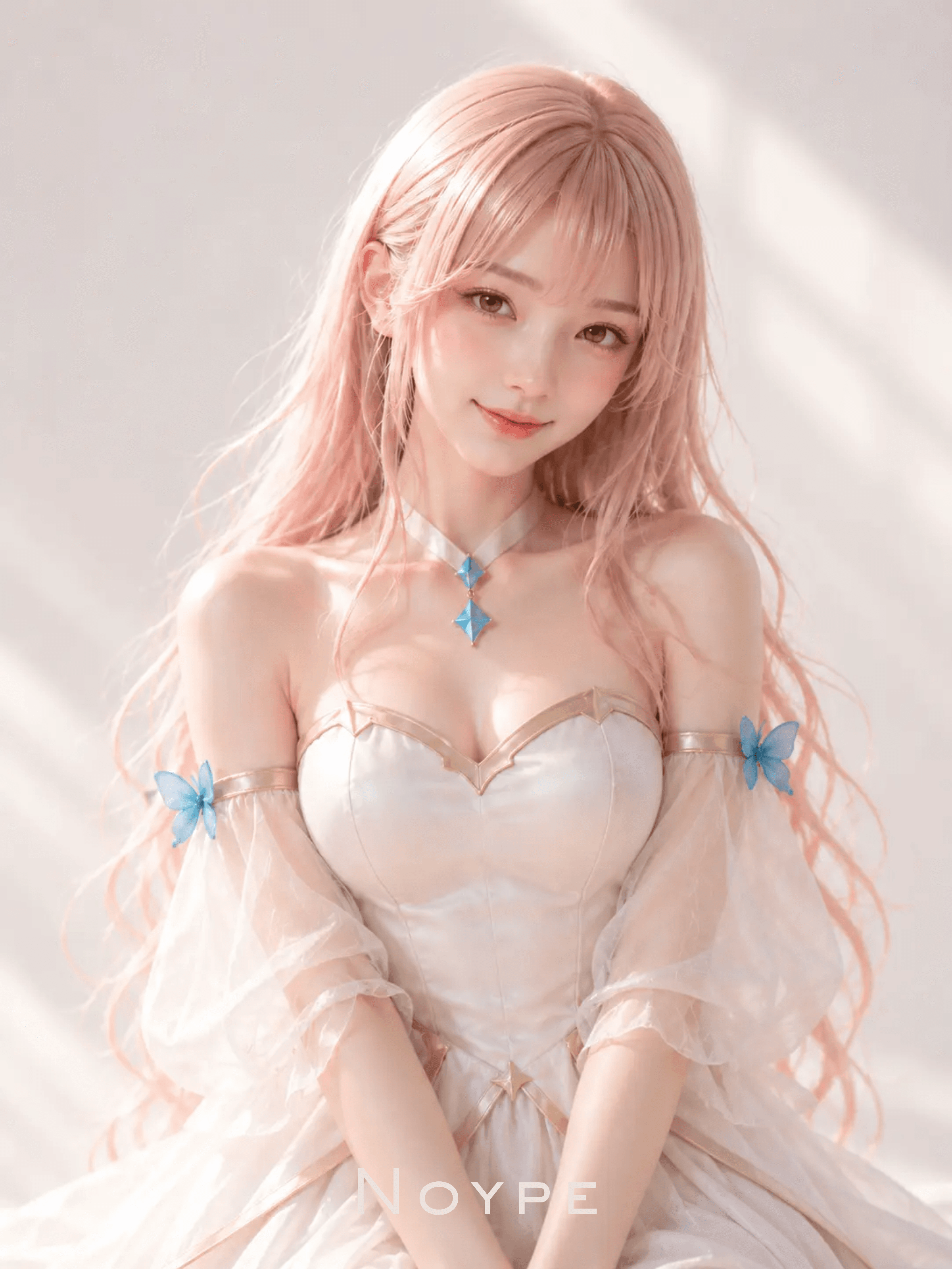 Noype with pastel pink hair, a white dress, and blue butterfly details